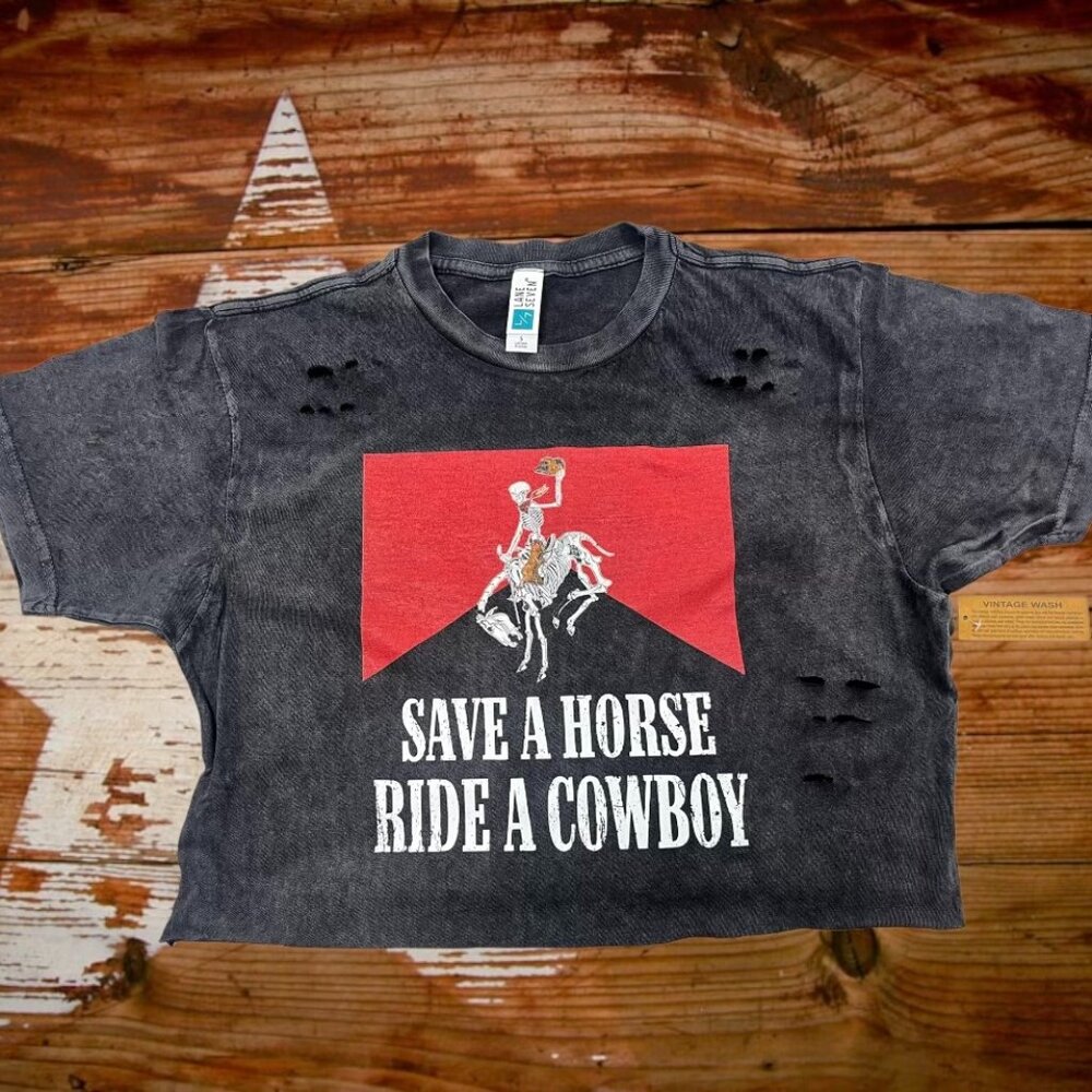 save a horse ride a cowboy vintage wash crop top